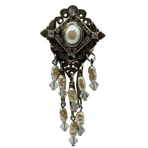 Sorrelli Vintage crystal pearl Dangle Brooch Pin Silver Tone Elegant Chandelier